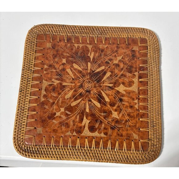Vtg Pier 1 Rattan Tile Trivet Embossed Floral Design Hot Plate Boho Kitchen Deco - Picture 1 of 5